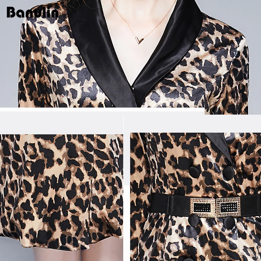Banulin Runway Autumn Winter Long Sleeve Long Dress Women's Notched Neck Vintage Leopard Printed Office Lady Dresses Vestdios