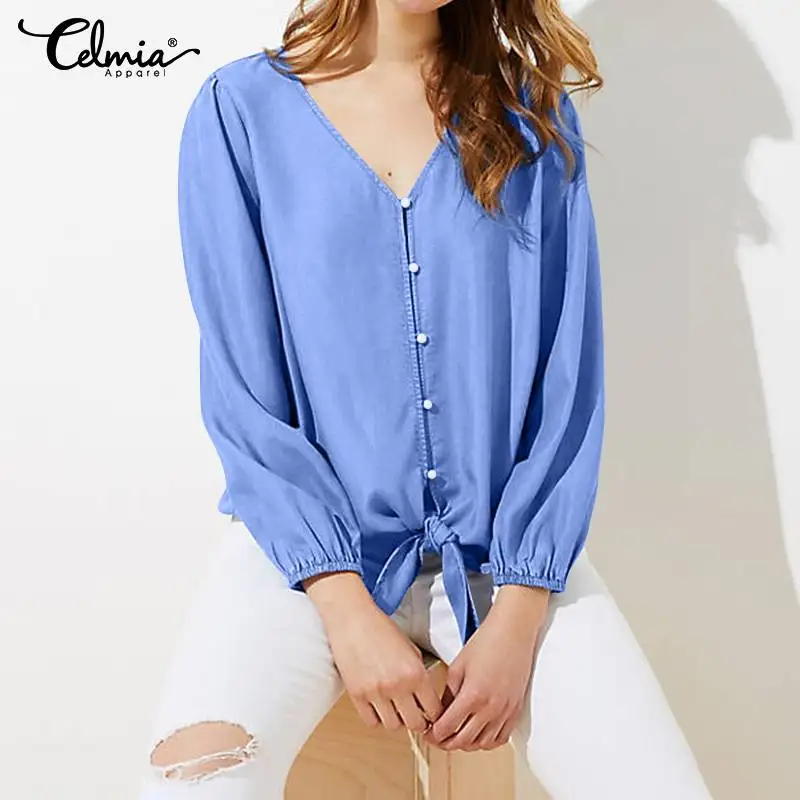 

Celmia Vintage Blouse Women Casual Denim Blue Shirt Plus Size Ladies V-neck Tunic Top Long Sleeve Baggy Buttons Knotted Blusas 7