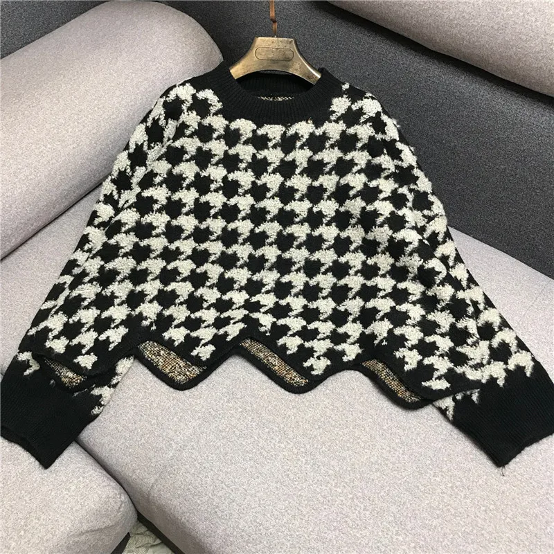 Luxury Designer Brand Knitted Sweater for Women Vintage O Neck Houndstooth Irregular Wavy Pattern Loose Pullover | Женская одежда