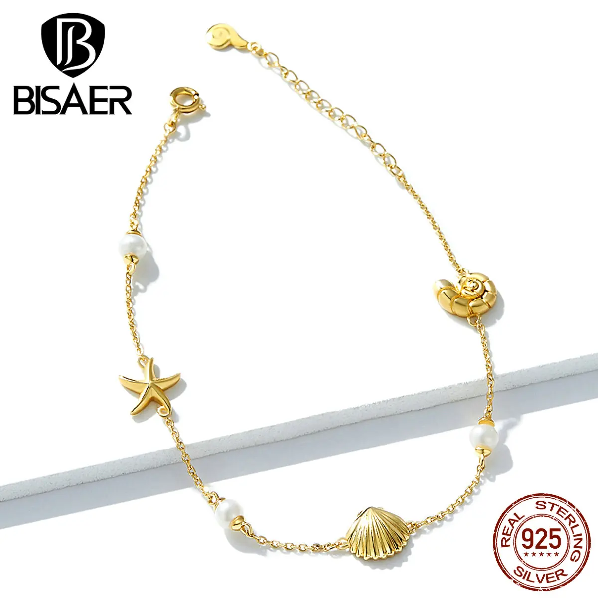 Women Bracelets BISAER 925 Sterling Silver Summer Tropical Starfish Silver Chain Bracelets for Women Silver Jewelry EFB025