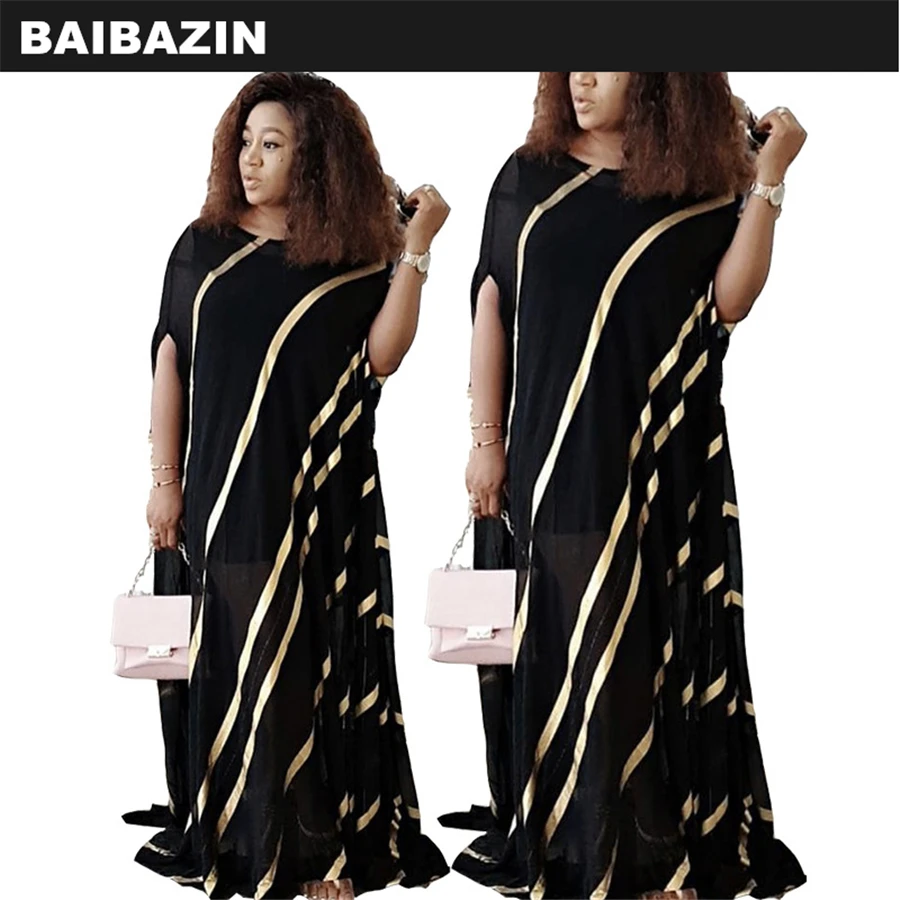 

BAIBAZIN African Dress for Women 2020 New Women's Robe Loose Dress Black Chiffon Bronzing Round Neck Bat Sleeve