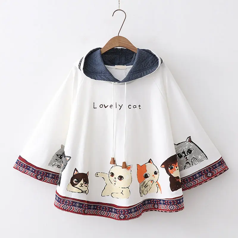 

Superstar 2019 New Autumn Winter Hoodies Hooded Loose Print Cat 3 Colour Kawaii Japan Style Tops Cute Bat wings Hoodies