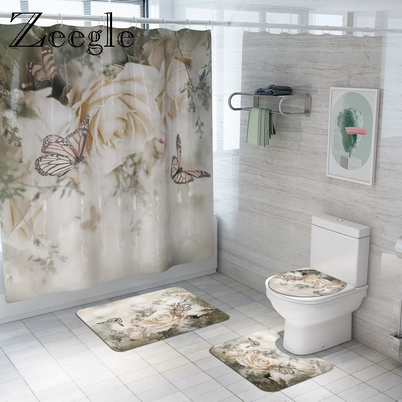 Zeegle Shower Curtain and Bath Mat Set Waterproof Absorbent Toilet Pedestal Rug Flannel Soft Foot Bathroom Doormat | Дом и сад