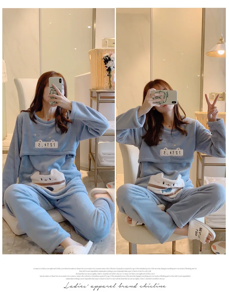 RN-9 Winter Cartoon Coral Fleece Maternity Cothing Womens Flannel Nightwear Pregnant Pajamas Sets Nursing Sleepwear Suit