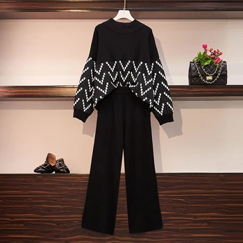 

Plus Size 2 Piece Sets Women's Clothing Autumn and Winter Knitted Sweater + Long Wide Leg Pants Office Lady Outfits Suits TA8069