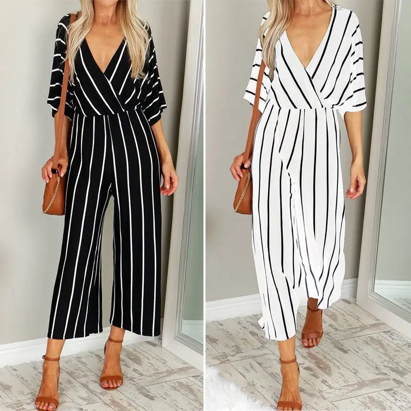 Мода Женщины v-образным вырезом три четверти рукав полосатый свободный спортивный костюм комбинезоны