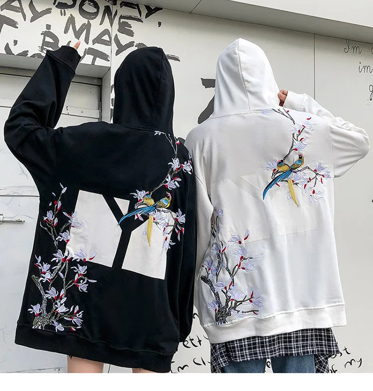Толстовка с капюшоном с вышивкой радужные птицы цветочные толстовки Harajuku уличная японский осенний пуловер Спортивная рубашка хлопок