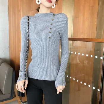 

Women Sweater Turtleneck Long Sleeve Autumn Sweater Solid Color Button Knit Pullover Tops Bottoming Sweaters Tops