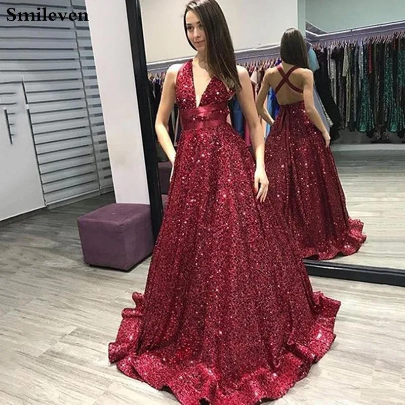 Smileven, вечерние платья, длинное, расшитое блестками, элегантное, Robe De Soiree, сексуальное, с глубоким v-образным вырезом, торжественное платье, БЕЗРУКАВНОЕ вечернее платье