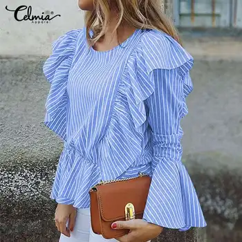 

Celmia Women Long Sleeve Shirt Fashion Striped Blouses Plus Size LadiesElegant Ruffles Tunic Tops Casual Office Work Blusas 5XL
