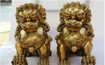 1" Китайский латунный по феншуй дверь Fu Foo собака Guardion Лев мяч Сын Статуя Пара