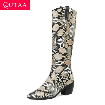 

QUTAA 2020 Snakeskin PU Leather Fashion Square Heel Women Shoes Pointed Toe Slip on Autumn Winter Knee High Boots Big Size 34-43