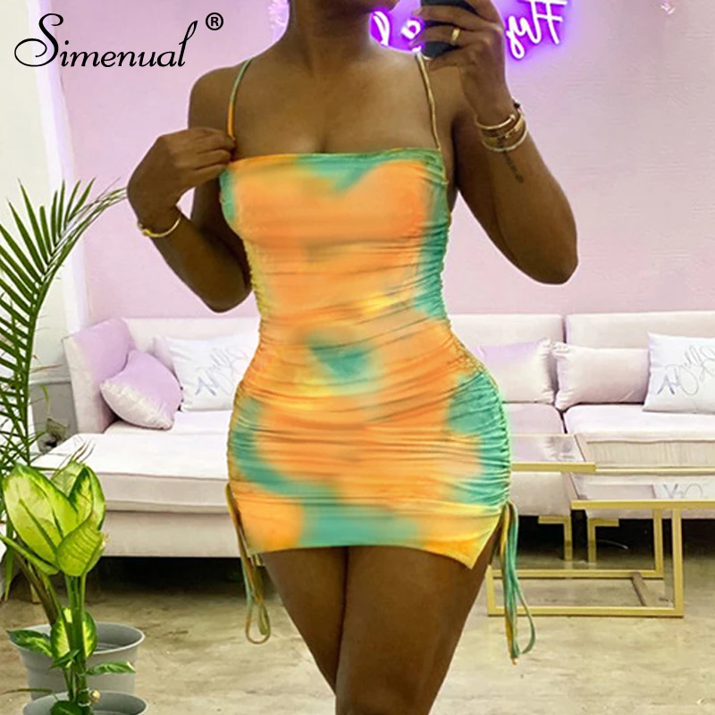Simenual Tie Dye Drawstring Sexy Party Dresses Women Strap Bodycon Hot Skinny Clubwear 2020 Summer Ruched Fashion Mini Dress Simenual Tie Dye Drawstring Sexy Party Dresses Women Strap Bodycon Hot Skinny Clubwear 2020 Summer Ruched Fashion Mini Dress