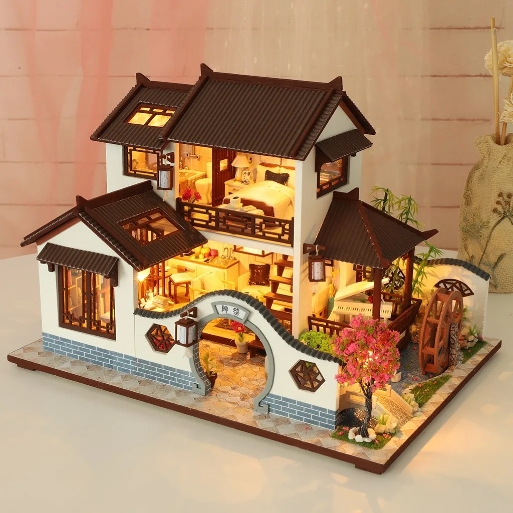 Большой 3d деревянные кукольные домики Миниатюрный Кукольный Домик Diy с мебели светодиодный свет дом Мечта в древнем городе девушки подарок на день рождения