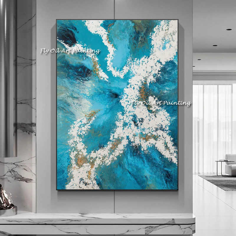 

100% Hand Painted Abstract Impression Blue Ocean Oil Painting On Canvas Wall Pictures Living Room Nordic Decor Christmas Gift