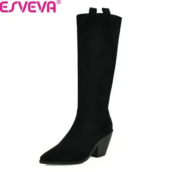 

ESVEVA 2020 Women Shoes Knee High Boots Flock Simple Fashion Solid Low Heel Round Toe All Match Elegant Zipper boot Size 34-43