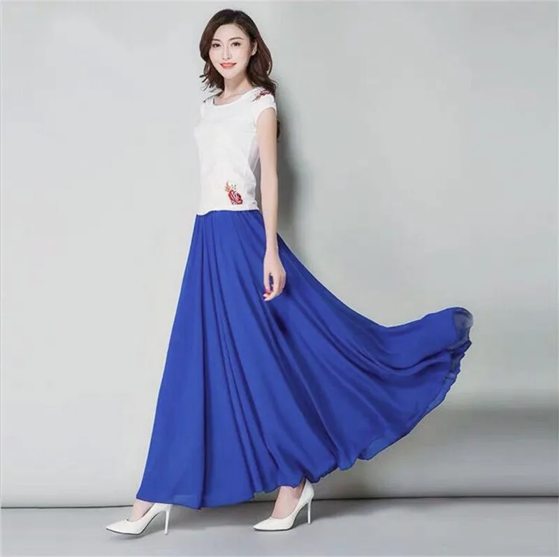 Осенние женские длинные юбки шифоновая однотонная универсальная Офисная Женская юбка вечерние макси юбки большие размеры Vestido 6XL 7XL - Цвет: Синий