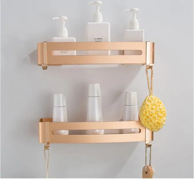 Vidric Nail Free Space Aluminum Gold Bathroom Shelf Cosmetic Rack With Single Lever Bath Corner Basket With Hook Bathroom Rack S - Color: square two tier