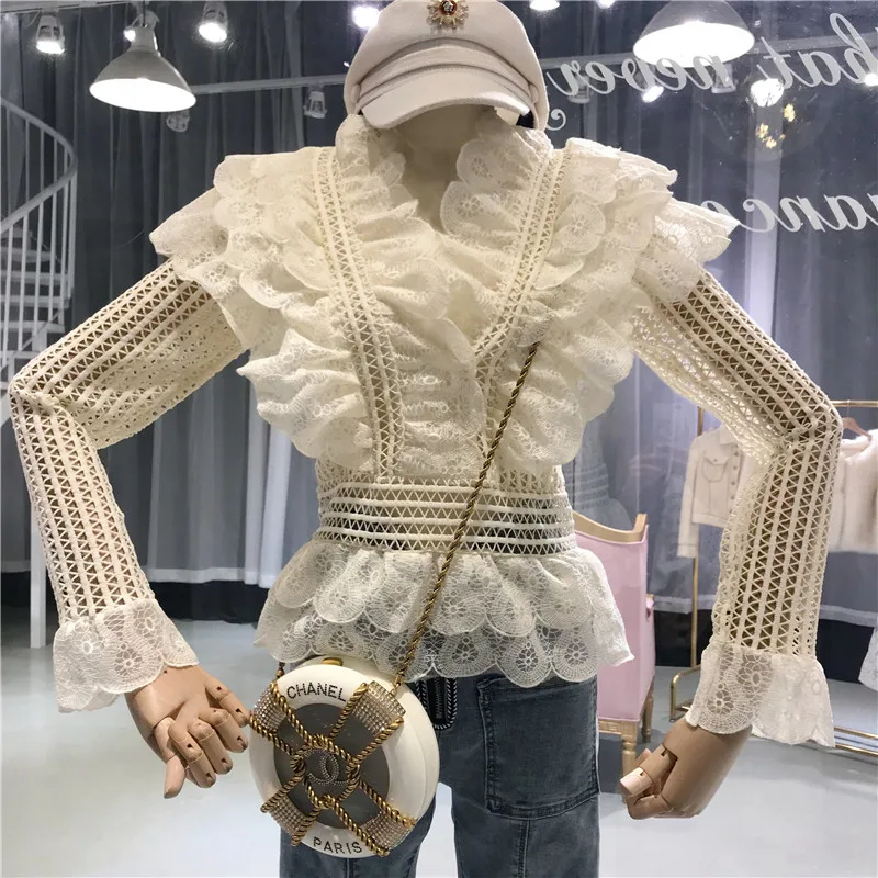 Женские кружевные блузки с длинным рукавом корейские романтические топы