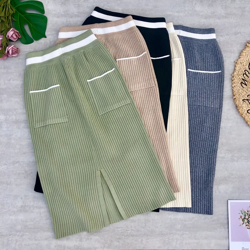 Женские юбки, шерстяные вязаные тянущиеся юбки с карманами, большая эластичность колена, женские юбки s Jupe Femme