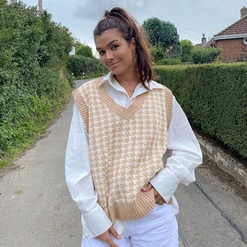 Image of ALLUKASA Houndstooth Knit Oversized Sweater Vest Female England Preppy Style YK Jumpers V Neck Casual Loose s Knitwear Autumn
