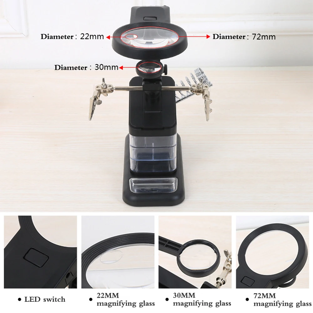 Soldering Iron Welding Magnifying Glass 2 LED 3X 4.5X 25X Helping Hand Rework Magnifier with 3 Tools Boxes Desk Station Repair