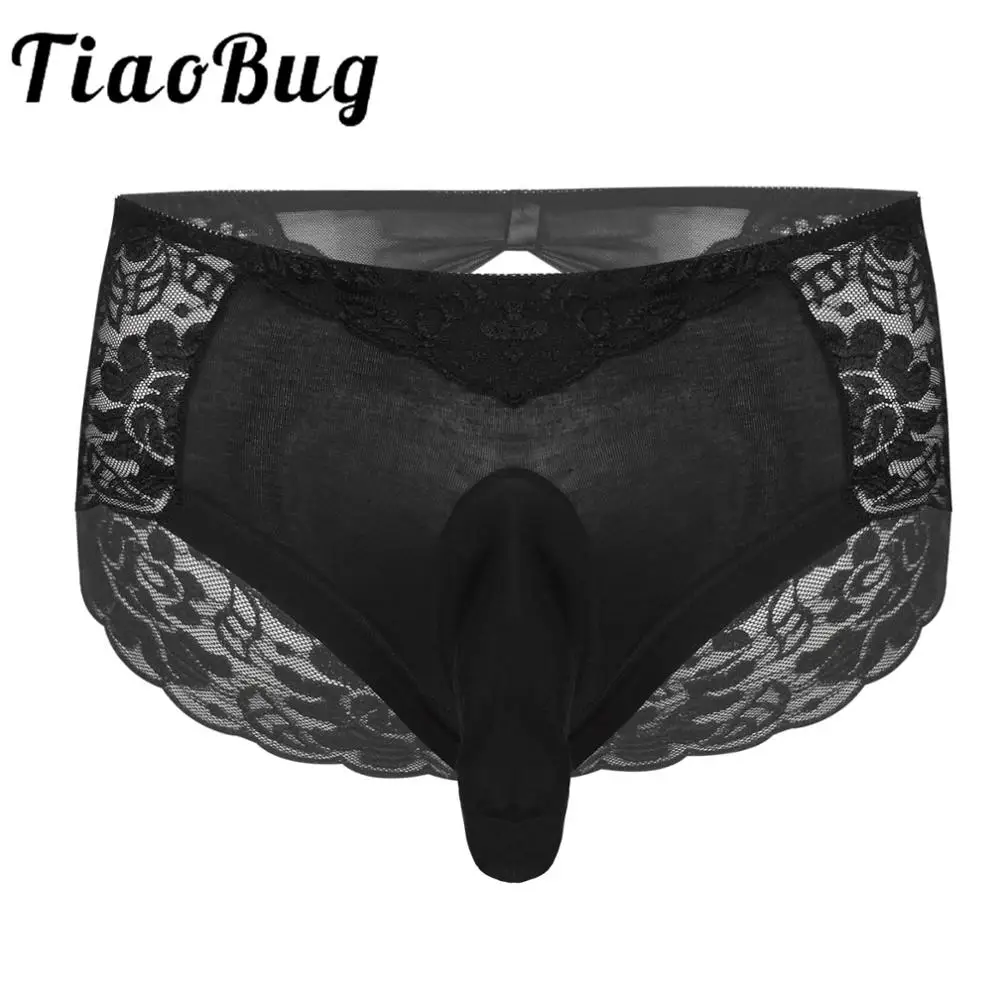 Sous vêtements Sexy en dentelle pour hommes, culotte en dentelle florale, taille élastique