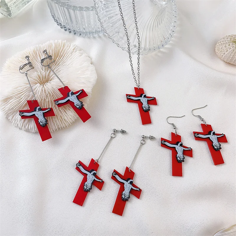 Cross Jesus Acrylic Earrings Exaggerated Big Red Dangle Earrings Women Men Night Club Street Party Jewelry