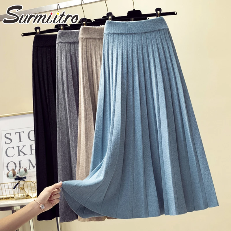 Surmiitro 2021 Fashion Autumn Winter Knitted Midi Long Pleated Skirt ...
