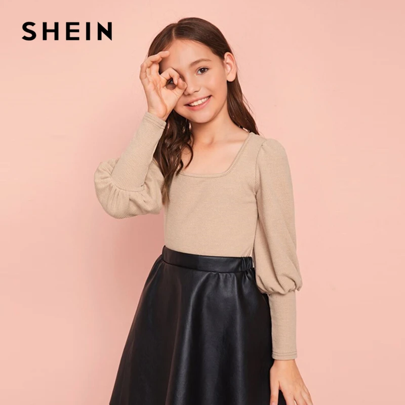 SHEIN Kiddie/Повседневная облегающая Однотонная футболка цвета хаки с квадратным вырезом для девочек детские топы, Осенние вязаные футболки с рукавами из бараньей шерсти