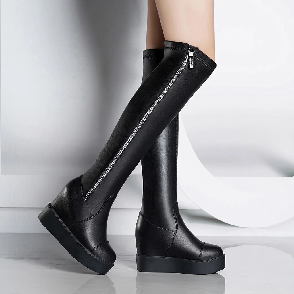 Женские кожаные сапоги высокие сапоги-трубы г. Женская зимняя модная обувь до колена пикантная обувь на высокой танкетке, теплые высокие сапоги