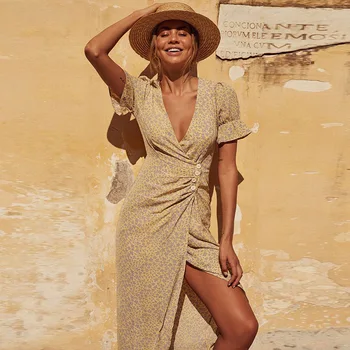 

summer women boho dress 2020 v neck short sleeved irregular dresses elegant sling button office lady print dress vestidos