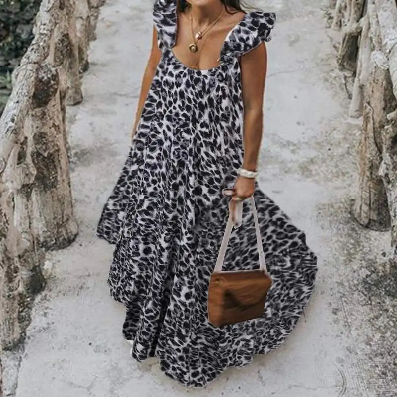 Сексуальный летний сарафан с леопардовым принтом, женское длинное платье макси с рюшами, ZANZEA, повседневное Плиссированное женское платье без рукавов размера плюс 7