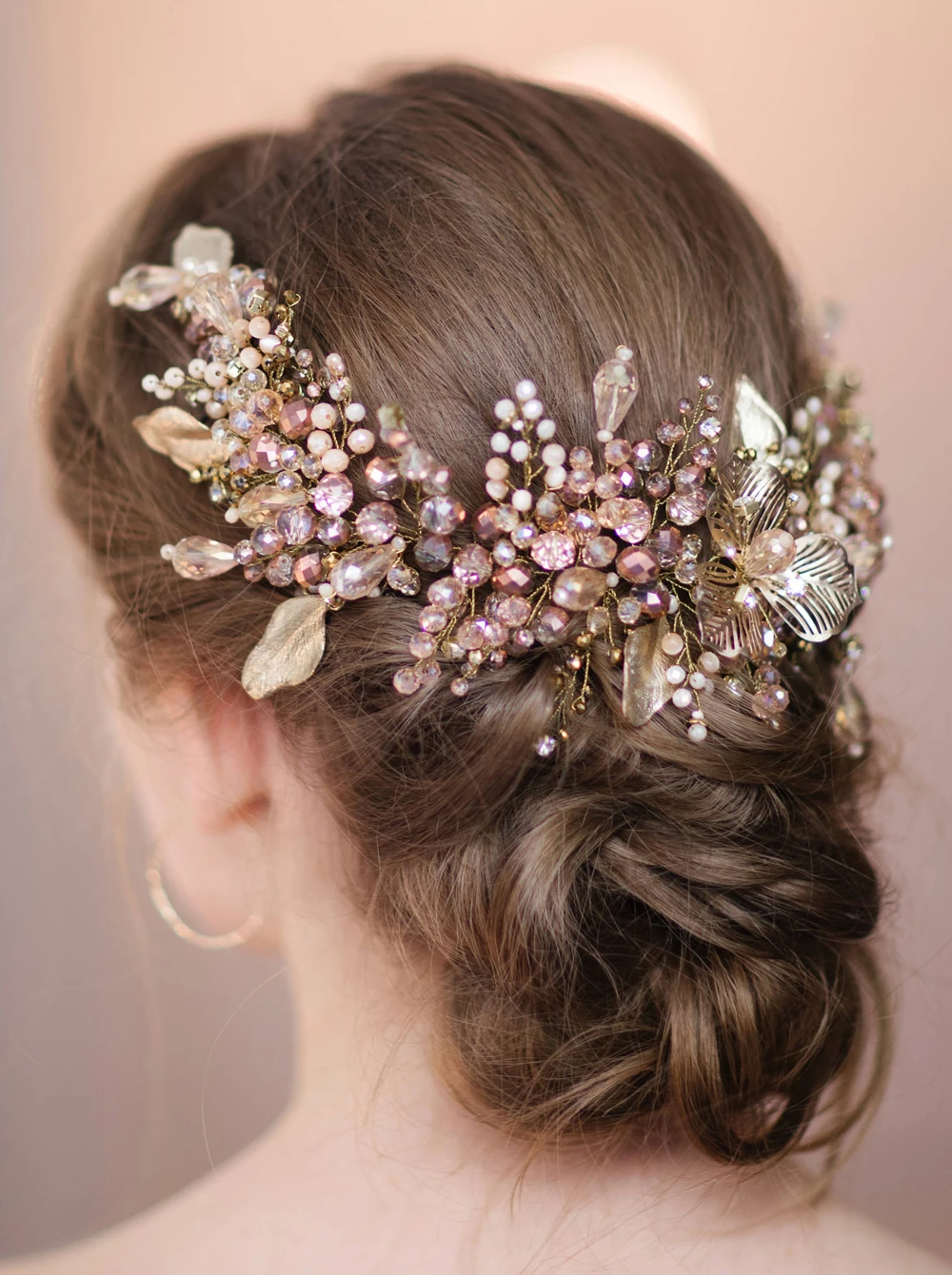 Brideamaid Flower Headband Gold Pink Crystal Wedding Hair Vine Hairpiece Bridal Hair Accessories