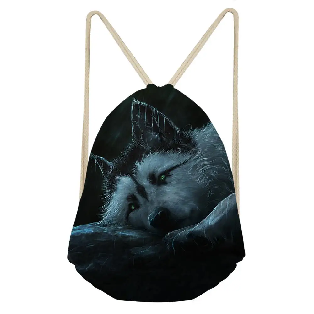 HaoYun Fashion Women's Drawstring Bags Cute Wolf Prints Pattern Beach Shoes Pockets Fashion Girls Mini Travel Organizer Bags
