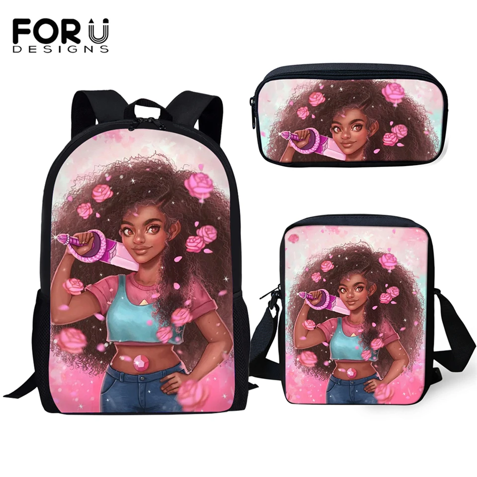 

FORUDESIGNS Fashion 3PC/Set Cartoon Students Backpack Kawaii African Girls Pattern Kids School Bags Afro Arts Women Travel Bags