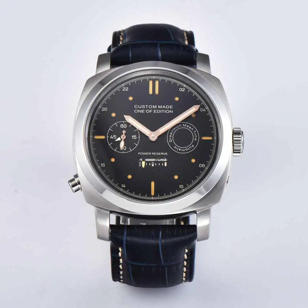 

automatic wristwatch fashion 44mm military power reserve stainless steel case leather strap luxury men watch A01ab