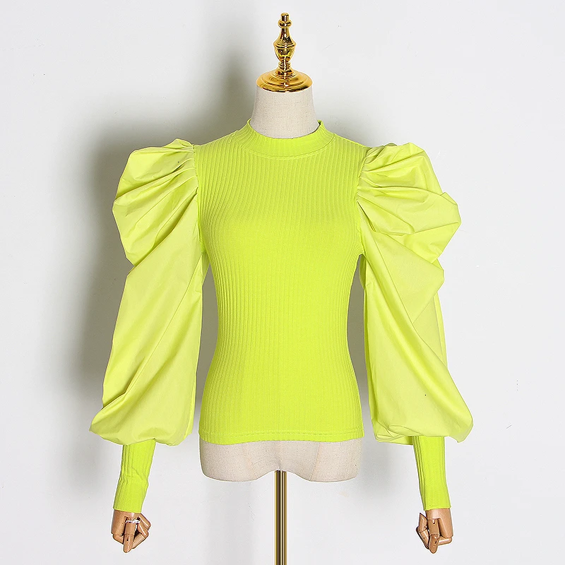 green TWOTWINSTYLE Лоскутные вязанные женские свитера с круглым вырезом и пышным длинным рукавом, туника с рюшами, женский свитер, модная одежда - Цвет: green