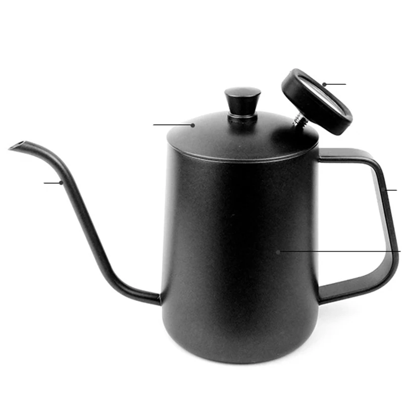 Best Stainless Steel Coffee Kettle 600Ml Teflon Coating Long Mouth Spout Teapot Water Jug with Thermometer Coffee Pot Tools
