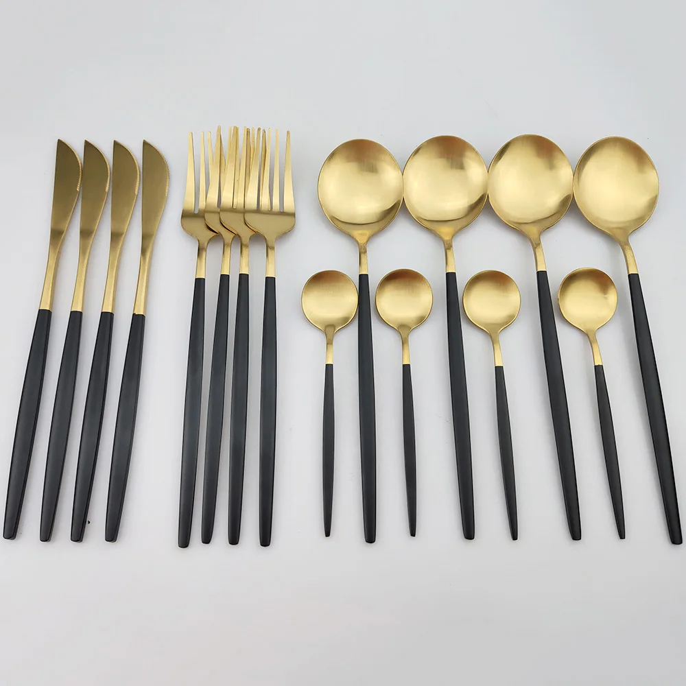 36Pcs 블랙 매트 Flatware 칼 붙이 세트 304 스테인레스 스틸 식기 세트 디저트 포크 스푼은 제품 세트 주방 식기