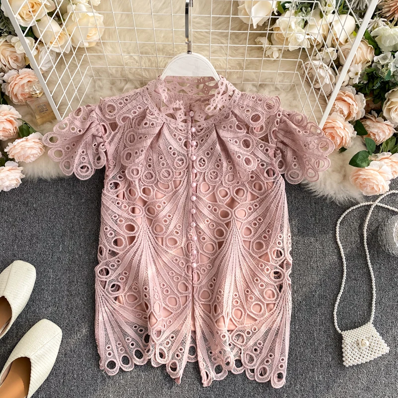 

Female Top Lace Shirt for Women Hollow Lace Temperament Stand Collar Slim Fashion Irregular Lace Shirts Blouses Ladies Top