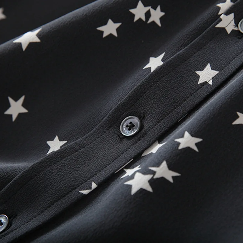Женская шелковая блузка из натурального шелка, принт со звездой, блузки с длинным рукавом, базовая, на пуговицах, для офиса, женская рубашка,, черная, Blusas Femininas
