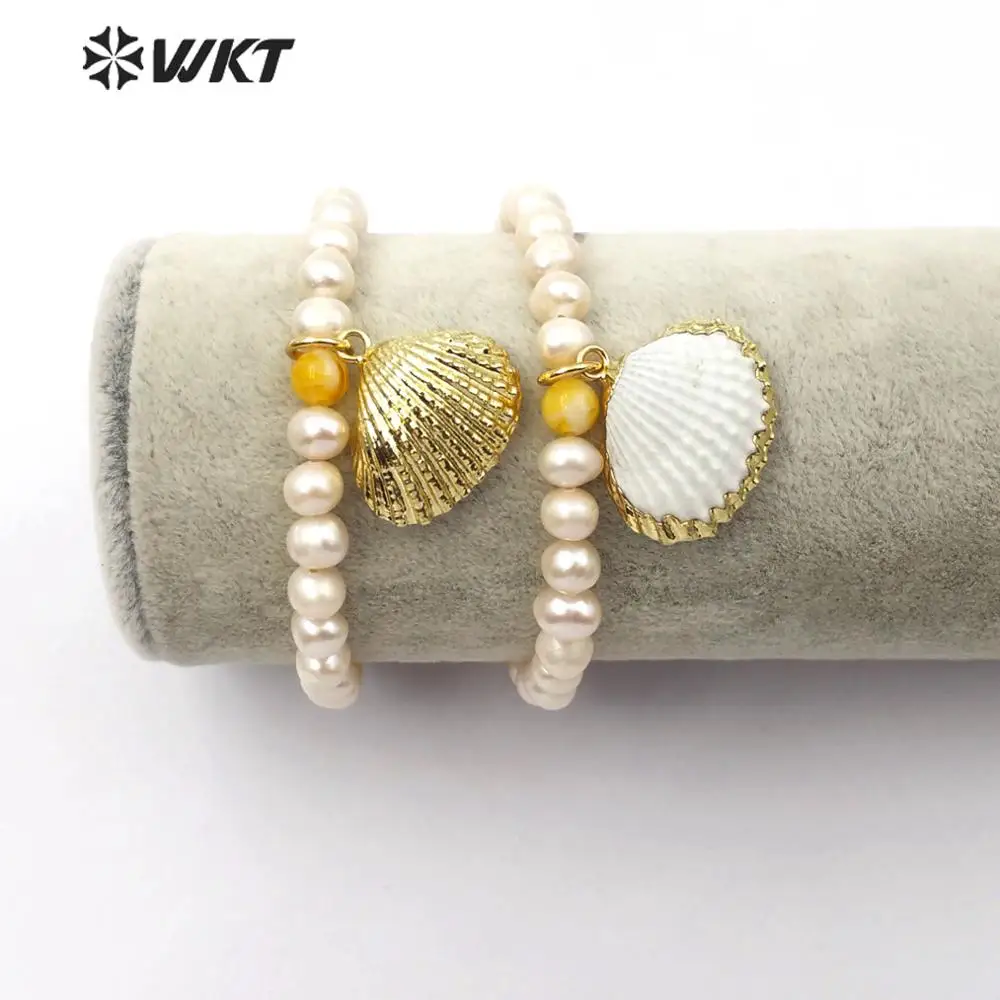 

WT-B491 WKT Natural Pearl ＆Shell Pendant Gold Electroplated Bracelet Shell Bracelet Pearl Bracelet Women Charm Bracelet Jewelry