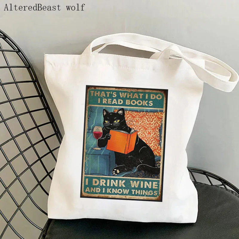 

Women Shopper bag cat read books Printed Kawaii Bag Harajuku Shopping Canvas Shopper Bag girl handbag Tote Shoulder Lady Bag