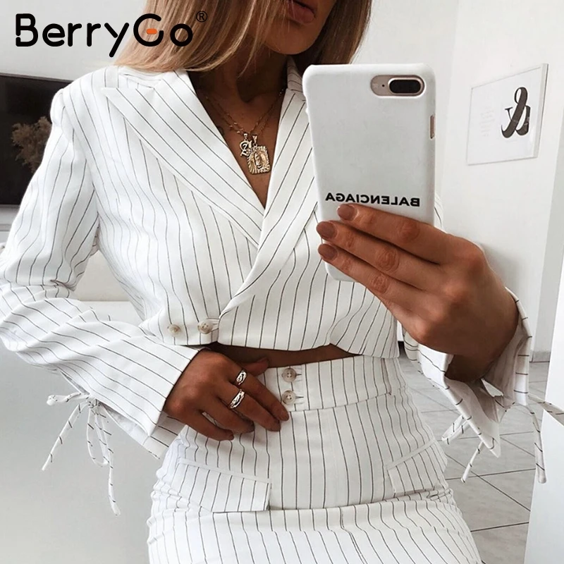 BerryGo Офисная Женская блузка в полоску рубашка на пуговицах шнуровке женские