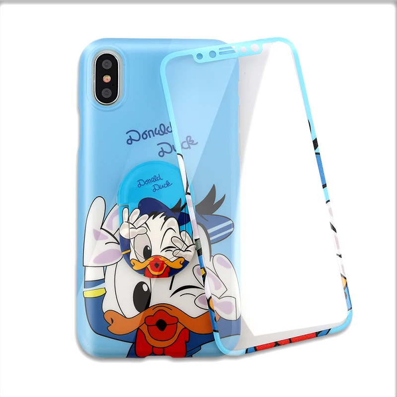 3 в 1 милый мультфильм Дональд Дак женский чехол для IPhone XS Max XR X 8 7 6 6s Plus чехол с держателем и стеклянным протектором экрана