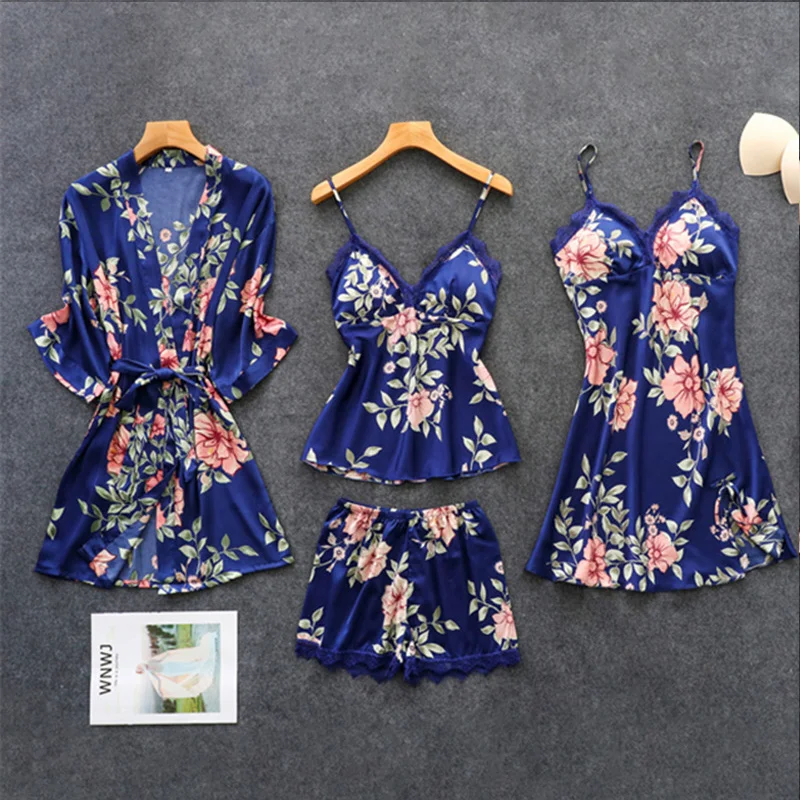 NavyBlue 4pcs Пижамы, женские пижамы, наборы, Feamale, одежда для сна, камзол, женские халаты, пижамы, женская ночная рубашка, babydolls, нижнее белье, сексуальная пижама с цветочным рисунком - Цвет: NavyBlue 4pcs