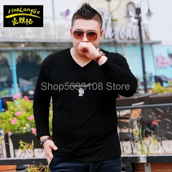 

Autumn super Brand Big Size Men's Wear Plus Fat Plus V Collar Loose Solid Color Men Long Sleeve T Shirt Tide