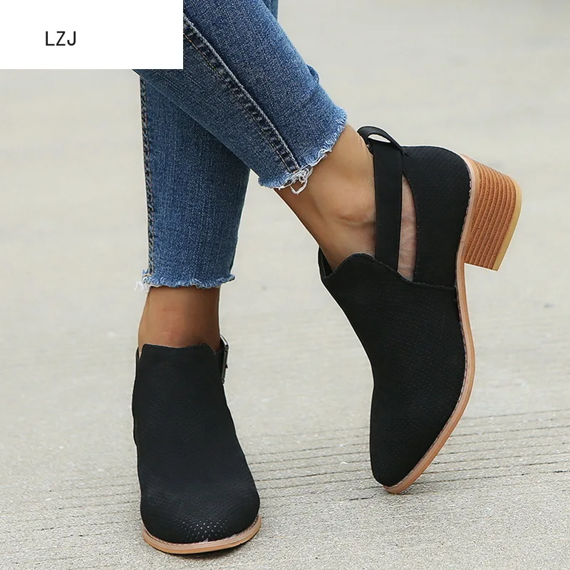 

LZJ Womens Boots Fashion Casual Ladies Shoes Martins Boots Suede Leather Buckle Boots High Heeled Zipper Snow Shoes For Femme