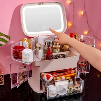 

Makeup Organizer Box With Mirror Led Light Large Capacity Waterproof Bathroom Cosmetic Storage Box Desktop Beauty Storage Drawer
